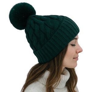 Tasha Twisted Faux Fur PomPom Beanie w Full Soft Fleece Lining Green Brand New!